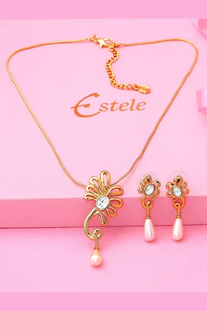 ESTELE Gold Plated Floral Designer Pendant Set with Crystals & Pearls for Women
