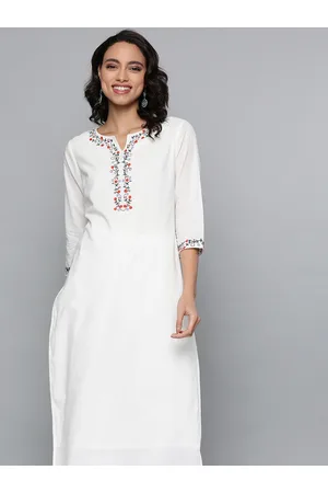 HERE&NOW Women White Cotton Straight Thread Work Kurta