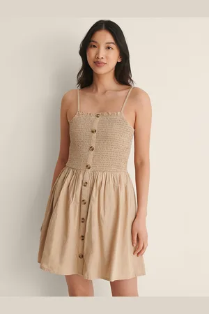 NA-KD Women Beige Smocked Pure Cotton A-Line Dress