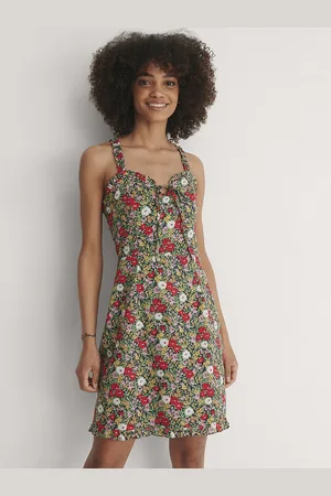 NA-KD Navy Blue & Red Pure Cotton Floral Print Frilled A-Line Dress