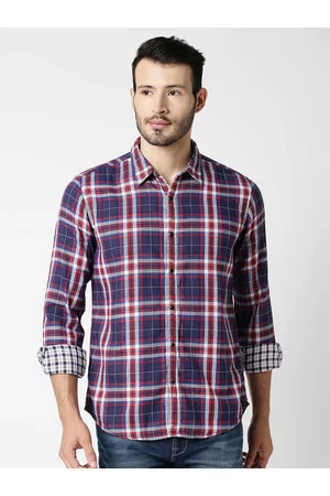 Pepe Jeans Men Navy Blue Tartan Checks Checked Casual Shirt