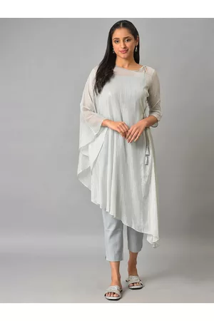 AURELIA Striped Boat Neck A-Line Kurta with Trousers