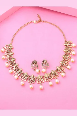 ESTELE Gold Plated Antique Divine Ganesh Choker Necklace Set with Pearls