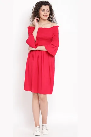 Oxolloxo Women Red Solid Off Shoulder Fit and Flare Dress