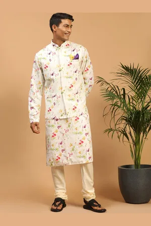 Vastramay Men Floral Printed Kurta with Churidar & Nehru Jacket