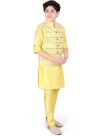 CAVIO Boys Yellow Layered Thread Work Kurta with Pyjamas