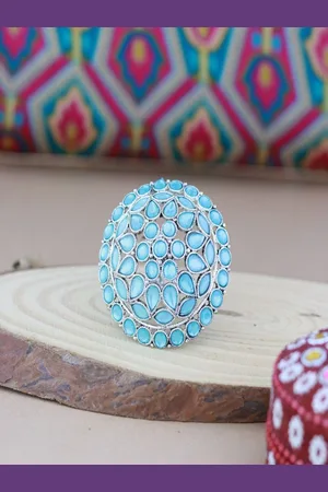 I Jewels Silver-Plated Kundan-Studded Adjustable Finger Ring