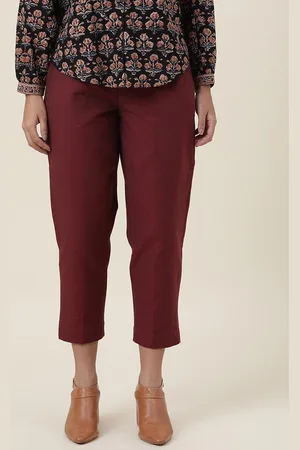 Fabindia Women Maroon Cropped Cotton Trousers