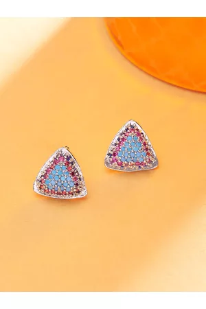 Ami Pink & Blue Cubic Zirconia Triangular Studs Earrings