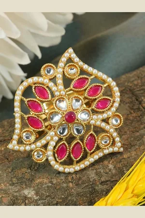 GRIIHAM Gold-Plated AD-Studded & Beaded Antique Finger Ring