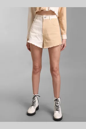 Kazo Women Off White & Peach Colourblocked High-Rise Cotton Denim Shorts