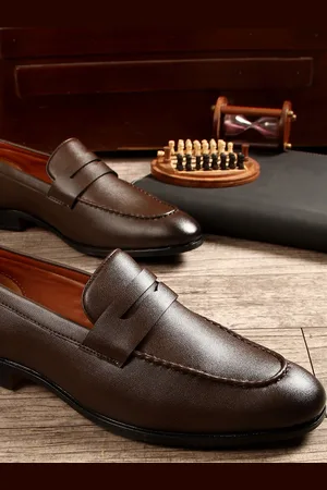 MUTAQINOTI Men Brown Patent Leather Loafers