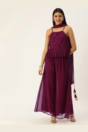 SWAGG INDIA Women Purple Ethnic Motifs Embroidered Top with Palazzos & With Dupatta
