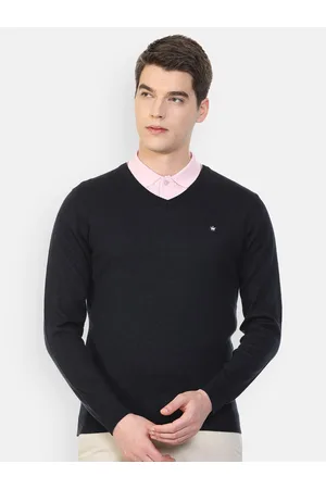 Louis Philippe Men Navy Blue Solid V-neck Pull Over