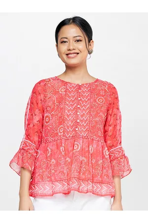 Global Desi Red & Pink Floral Print Cinched Waist Top