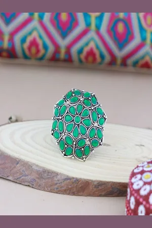 I Jewels Silver-Plated Kundan-Studded Oxidised Finger Ring