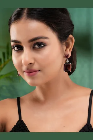 Saraf RS Jewellery Silver-Plated Maroon Faux Glass Studded Geometric Drop Earrings