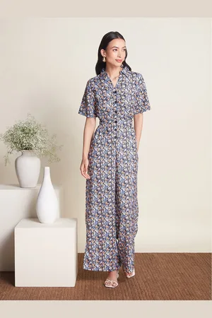 20Dresses Floral Printed Pointed Collar Wide Leg Jumpsuit