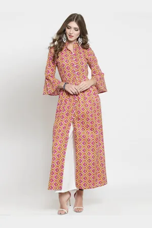 Sera Women Pink Ethnic Motifs Printed High Slit Pure Cotton Kurta with Trousers