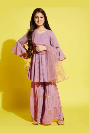 Cherry & Jerry Girls Ethnic Motifs Empire Sequinned Kurta with Sharara & With Dupatta