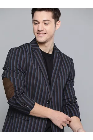 Mast & Harbour Men Navy Blue And Brown Striped Regular Fit Smart Casual Blazer