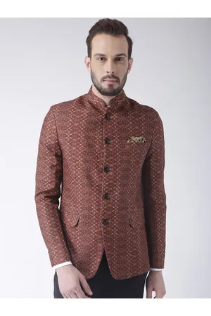 Hangup Men Brown Printed Bandhgala Polyester Blazer