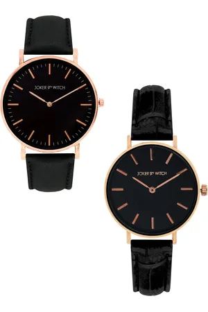 Joker & Witch Unisex Black & Rose Gold-Toned Jimmy & Drew Couple Watch Gift Set JWCW189