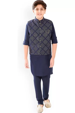 CAVIO Boys Navy Blue Embroidered Sequinned Kurta with Pyjamas
