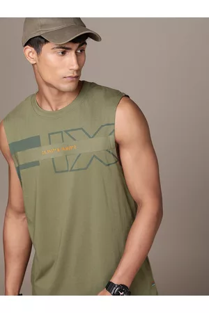 FORCE IX Men Pure Cotton Brand Logo Printed Sleeveless T-shirt With Applique Detail