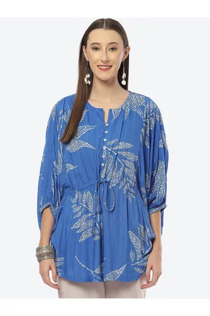 Biba Blue Floral Print Kaftan Longline Top