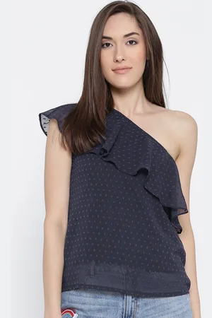Sera Navy One Shoulder Ruffle Top