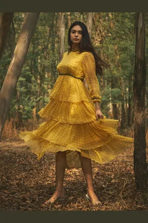 Baise Gaba Geometric Printed Layered Midi Fit & Flare Dress