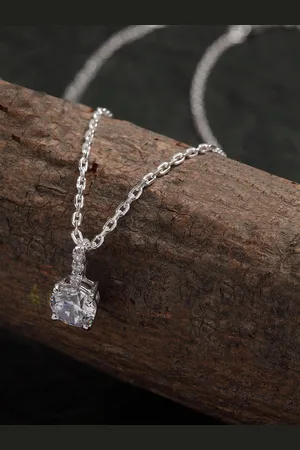 CLARA 925 Sterling Silver Rhodium-Plated CZ Studded Pendant With Chain