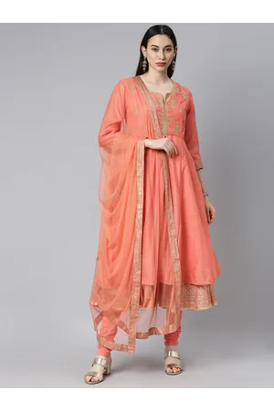 Biba Women Coral Embroidered Kurta with Churidar & With Dupatta