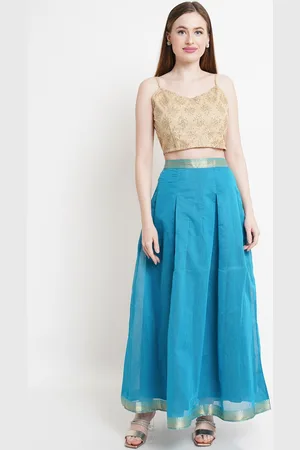 Purple State Women Gold Embellished Sequinned Crop Top With Blue Skirt