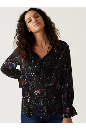 Marks & Spencer Black Floral Print Net Shirt Tie Ups Style Top
