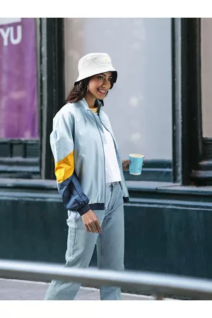 Mast & Harbour Women Blue Solid Bomber Jacket
