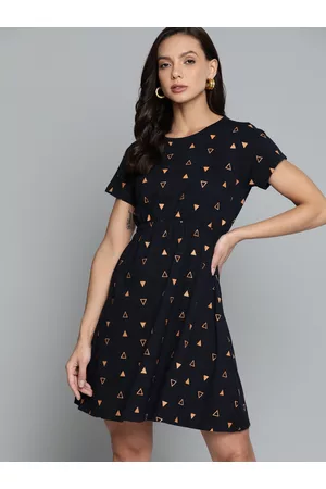 Chemistry Navy Blue & Rust Orange Pure Cotton Printed A-Line Dress