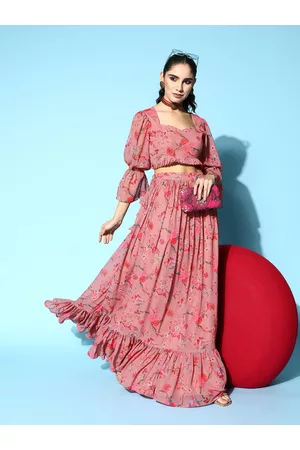 Inddus Women Printed Ruffles & Flounces Top With Skirt