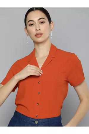 Chemistry Women Rust Orange Regular Fit Solid Casual Shirt