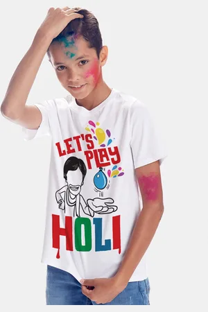 BONKIDS Boys White & Red Typography Printed Cotton Holi T-shirt