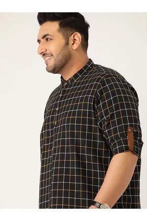 Sztori Men Plus Size Black Windowpane Checked Pure Cotton Casual Shirt