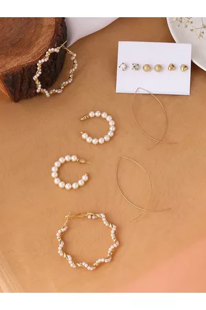 Yellow Chimes Women Set Of 6 Gold Toned Stud and Pearl Hoop Earrings