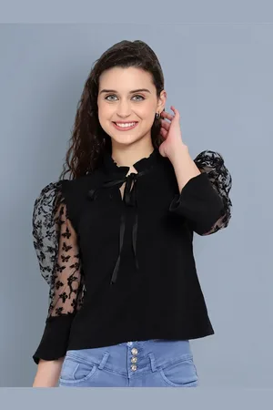 BuyNewTrend Embroidered Tie-Up Neck Lace Top