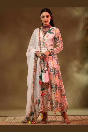 Baise Gaba Women White Floral Printed Anarkali Kurta