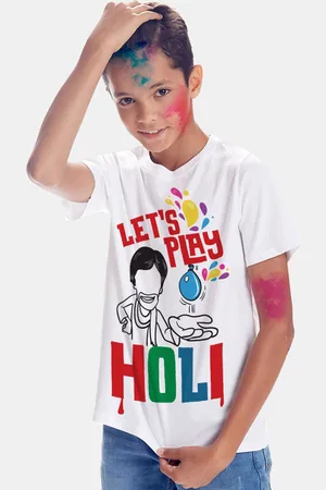 BONKIDS Boys White & Red Holi Graphic Printed Cotton T-shirt