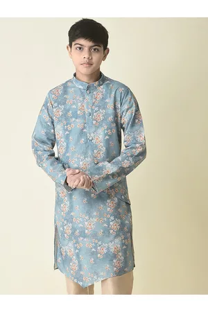 TABARD Boys Mandarin Collar Floral Printed Straight Fit Cotton Kurta
