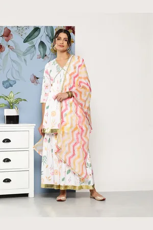 Ahalyaa Women White Floral Printed Pleated Kurta with Sharara & With Dupatta