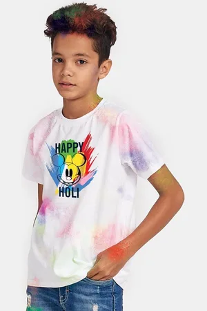 BONKIDS Boys White & Blue Mickey Mouse Printed Cotton T-shirt