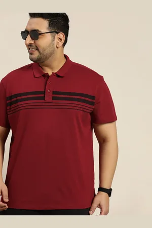 Sztori Men Plus Size Red & Black Pure Cotton Striped Polo Collar T-shirt